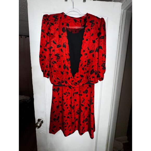 Vintage Red & Black Floral Print With Blouson Top & Elastic‎ Waist Skirt Set Med - Picture 1 of 8
